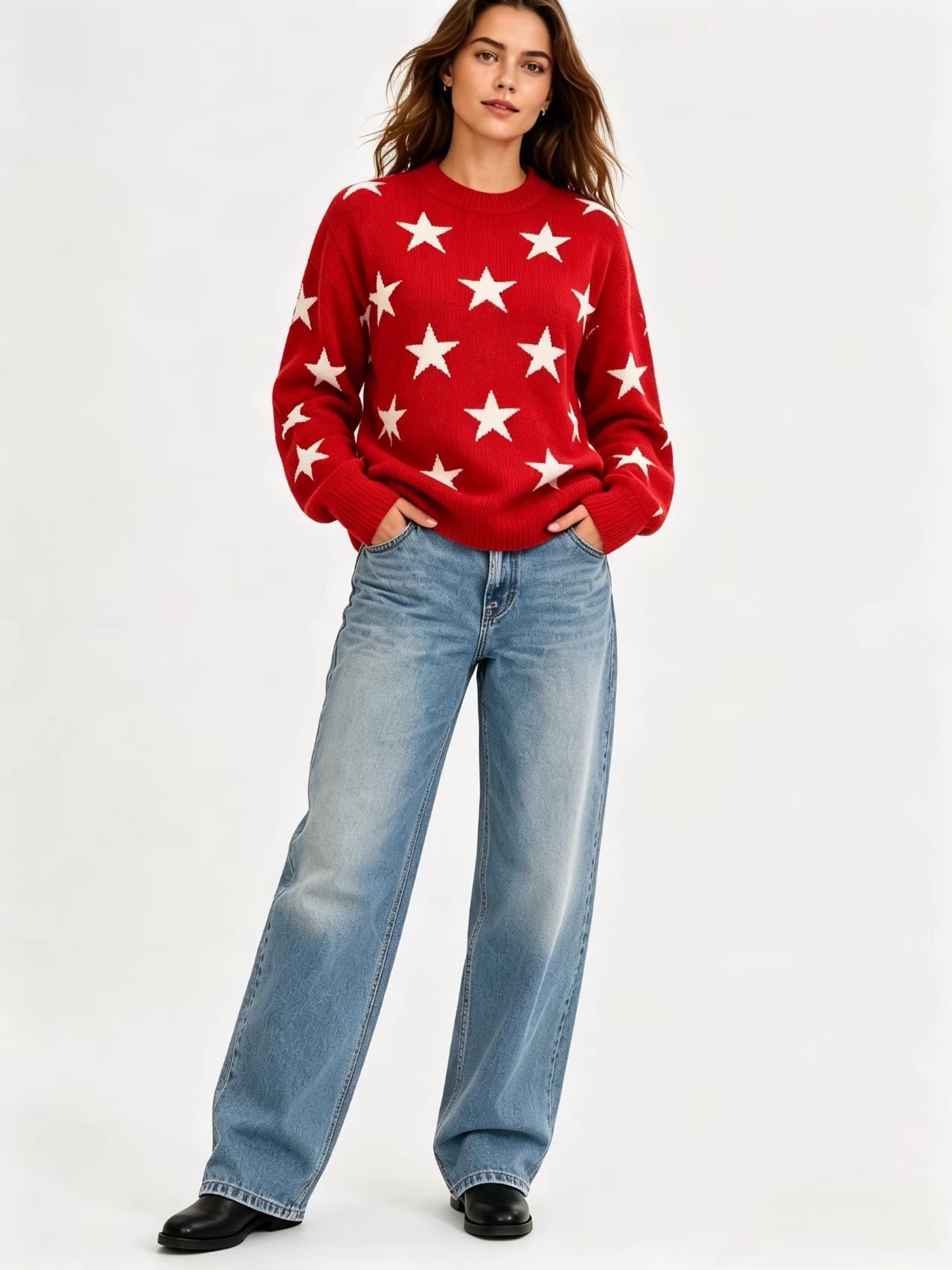 Womens Retro American-Style Star Jacquard Crew-Neck Sweater - Image 8