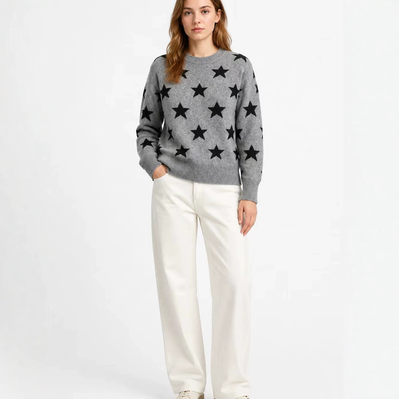 Womens Retro American-Style Star Jacquard Crew-Neck Sweater - Image 4