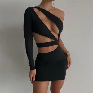 Womens Stylish Off-shoulder Long-sleeve Hollow-out Sheath Dress