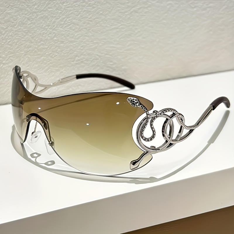 Women Rimless One Piece Shield Sunglasses Uv400 Protective Gradient Lens Eyewear Luxury Metal Snake Ornament Design Lightweight Frame Suitable For Beach Travel Parties And Daily Fashion Outfit Matchin - Image 9