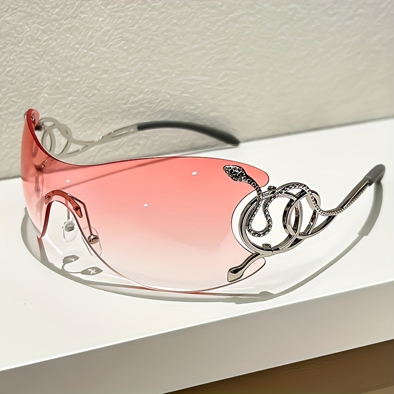Women Rimless One Piece Shield Sunglasses Uv400 Protective Gradient Lens Eyewear Luxury Metal Snake Ornament Design Lightweight Frame Suitable For Beach Travel Parties And Daily Fashion Outfit Matchin - Image 6