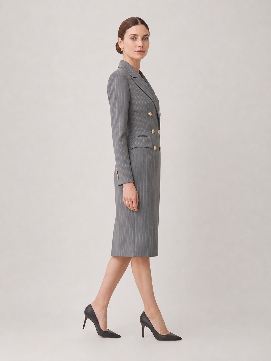 Grey Pinstripe Double-Breasted Blazer Midi Dress - Image 3