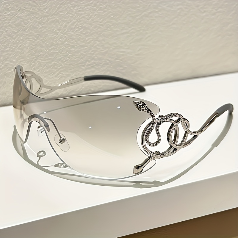 Women Rimless One Piece Shield Sunglasses Uv400 Protective Gradient Lens Eyewear Luxury Metal Snake Ornament Design Lightweight Frame Suitable For Beach Travel Parties And Daily Fashion Outfit Matchin - Image 3