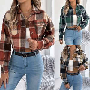 Color-block Plaid Long-sleeve Wool Short Jacket Coat