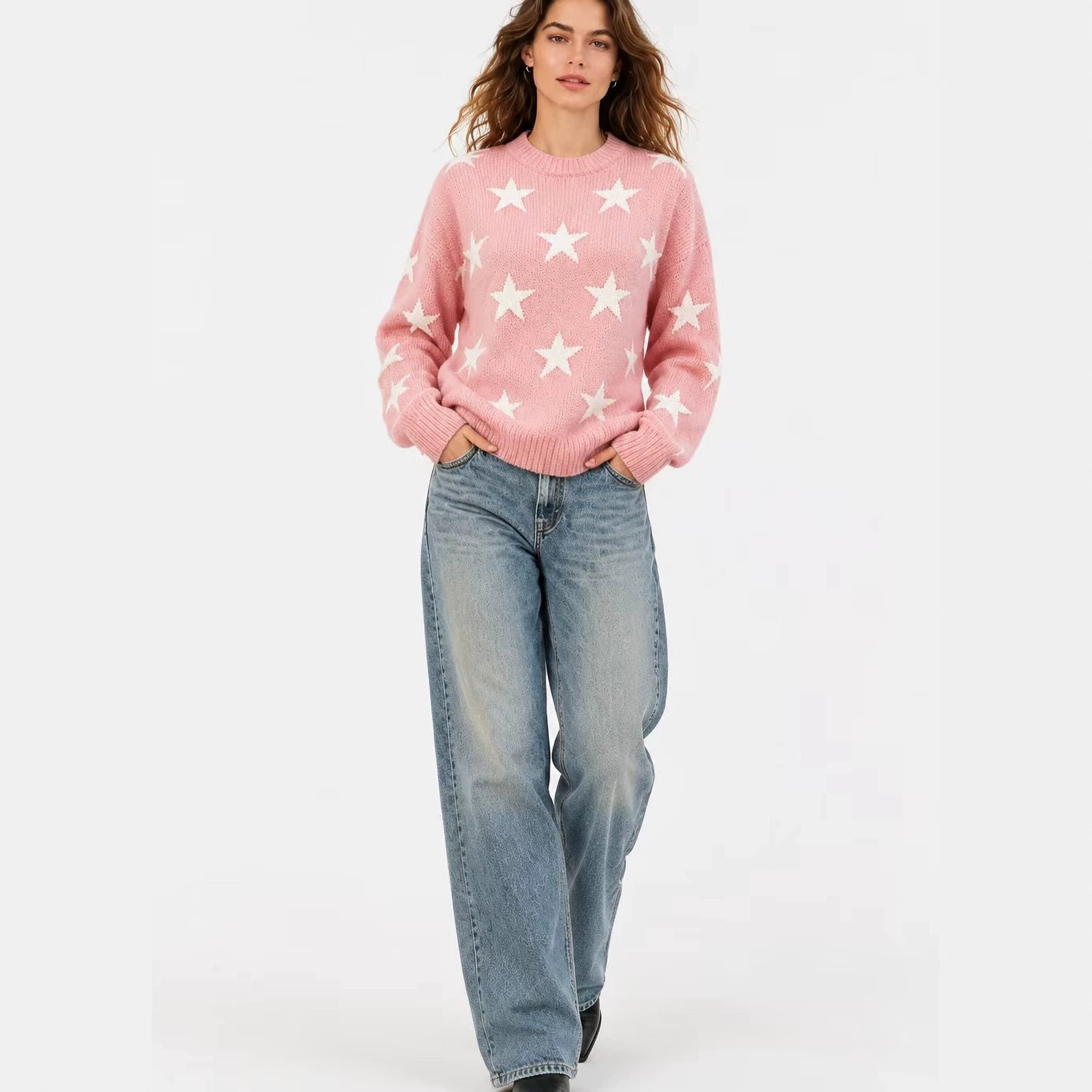 Womens Retro American-Style Star Jacquard Crew-Neck Sweater - Image 2