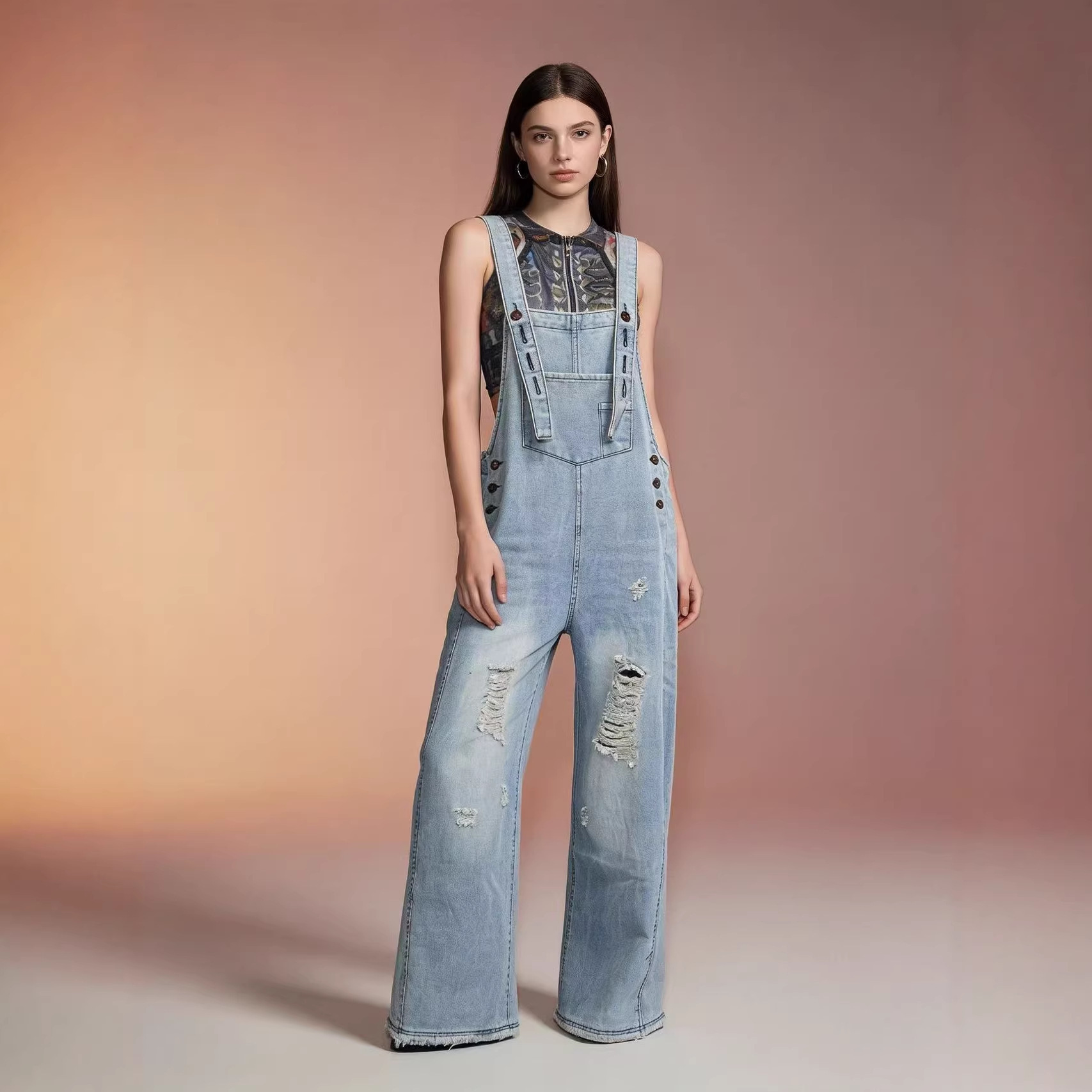 Women's Retro Loose-Fit Wide-Leg Denim Overalls - Image 4