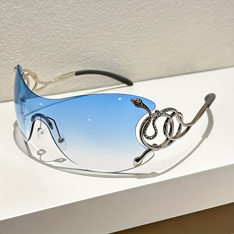 Women Rimless One Piece Shield Sunglasses Uv400 Protective Gradient Lens Eyewear Luxury Metal Snake Ornament Design Lightweight Frame Suitable For Beach Travel Parties And Daily Fashion Outfit Matchin - Image 4