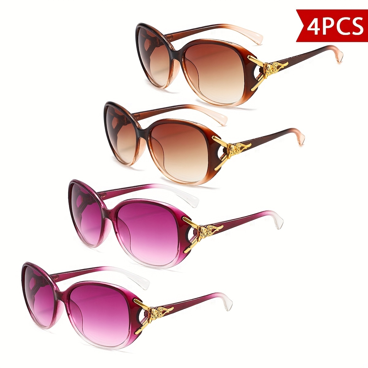 4 Pcs Oversized Oval Sunglasses For Women Uv400 Protective Gradient Lens Eyewear Delicate Gold Metal Side Ornament Comfortable Curved Temple Suitable For Beach Travel Parties And Daily Fashion Outfit - Image 2