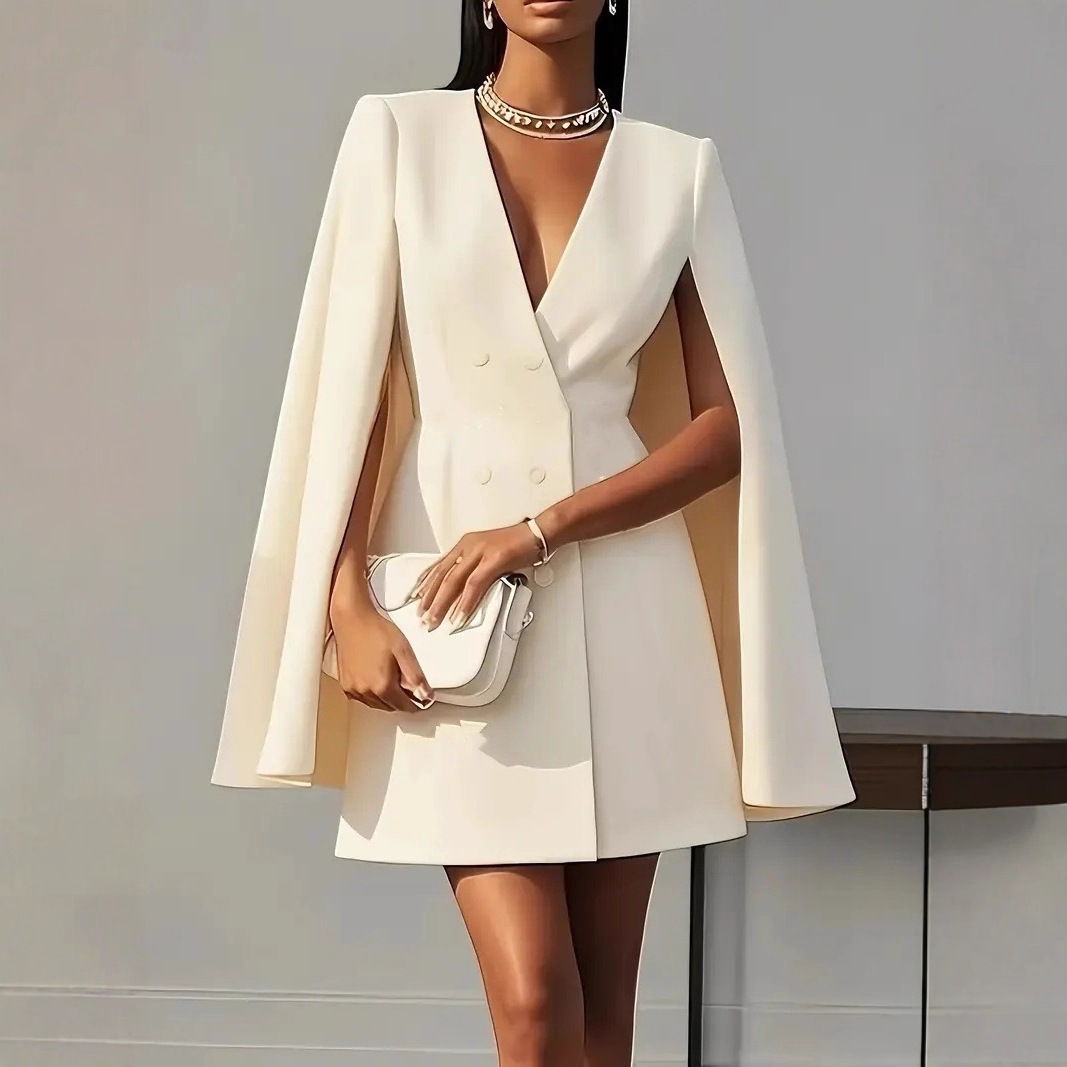 2026 European And American Cross-Border Foreign Trade Women's Clothing Autumn Double-Breasted Shawl Cape Solid Color Suit Dress For Women - Image 2