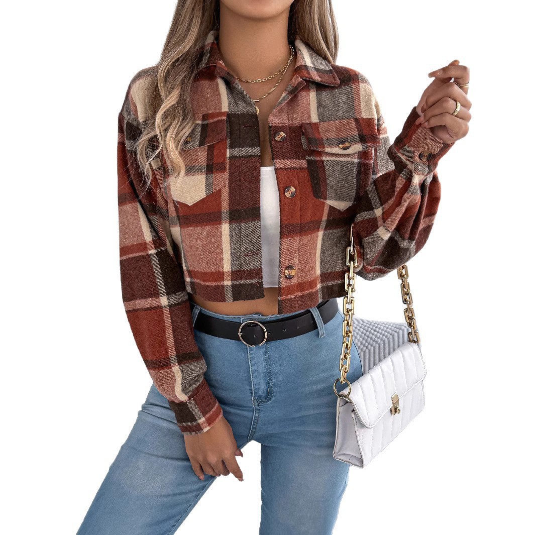 Color-block Plaid Long-sleeve Wool Short Jacket Coat - Image 5