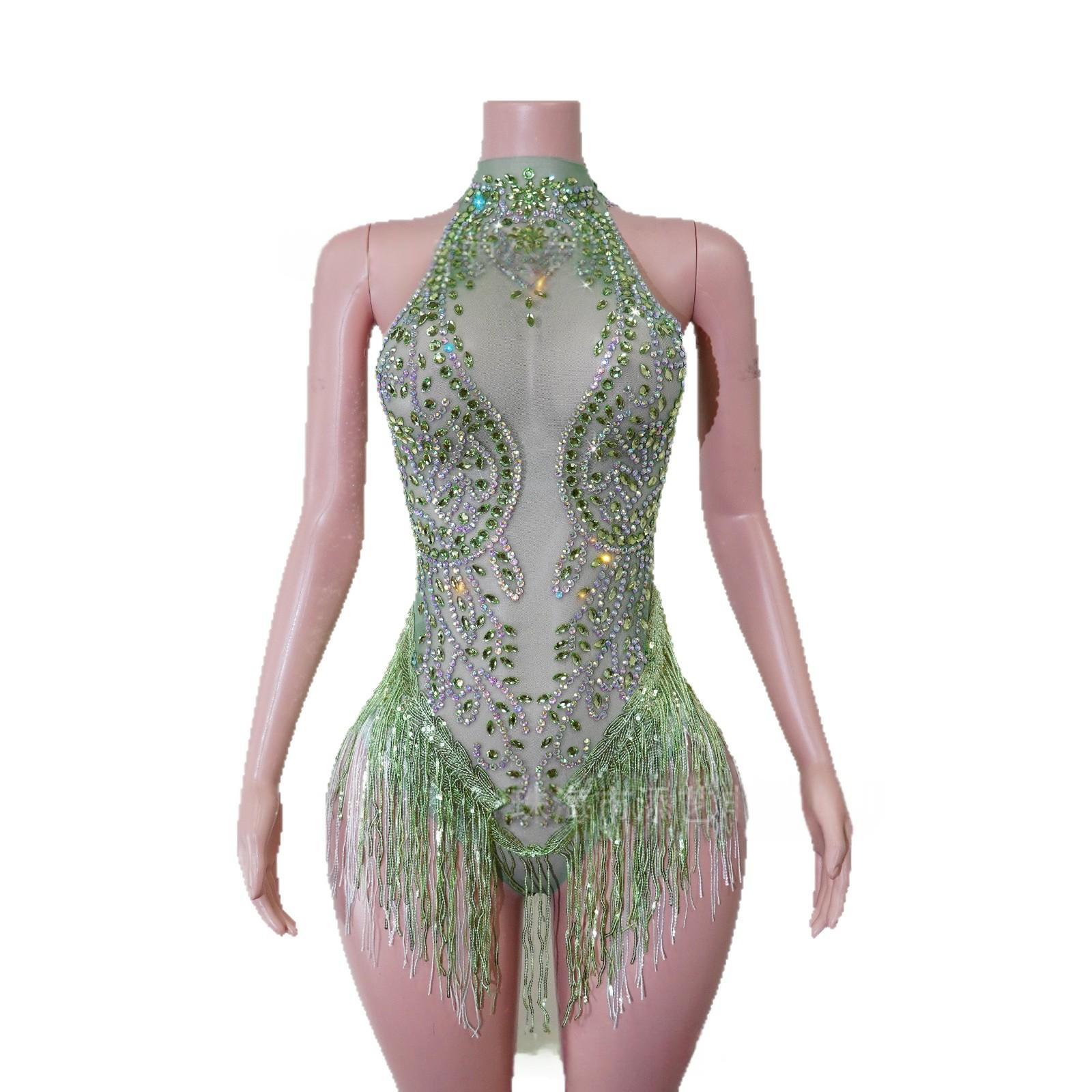 Green Rhinestone Tassel Bodysuit - Image 3