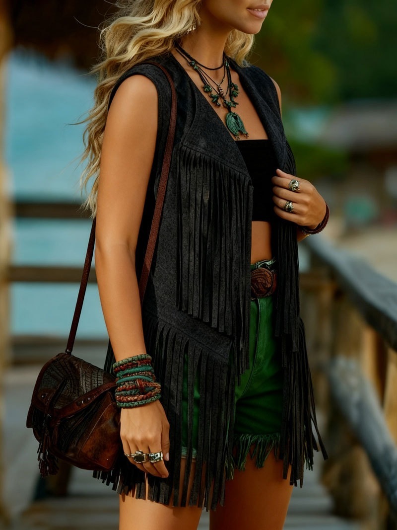 Womens Suede-Look Loose Padded Tassel Vest - Image 7