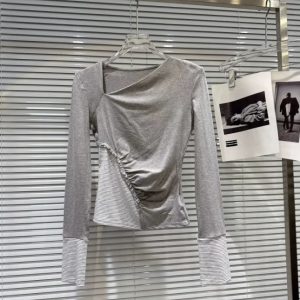 Long-sleeve Striped Patchwork Design With A Distinctive Slanted Neckline