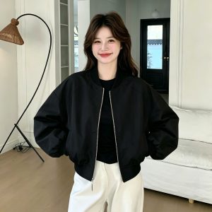 Women’s Solid Color Casual Baseball Jacket