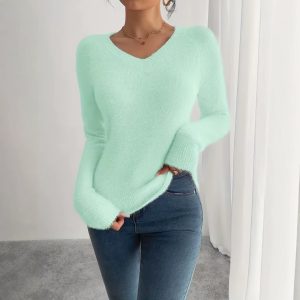 V-neck Solid-color Knitted Warm Plush Sw...